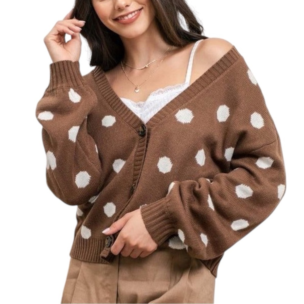 Blu Pepper Brown & White Polka Dot Cardigan – Size Medium